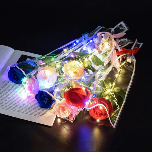 1pcs Led Light Up Glowing Roses Red Flower Bouquet Led Flash Handheld Valentine's Day Glow Party Wedding Decoration